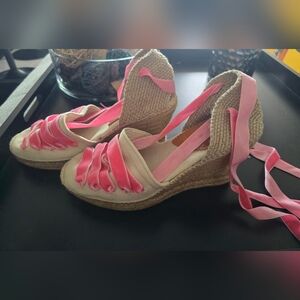 Penelope Chilvers Pink Ribbon Espadrille Wedge Sandals for Women